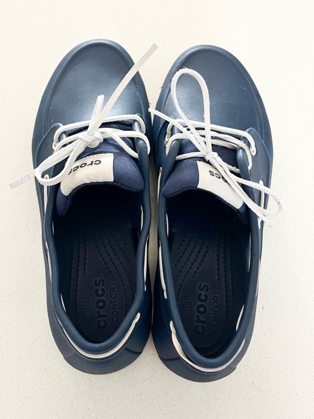 Crocs Men's White Laces Navy Classic Boat Shoes Size 12 - Picture 3 of 7